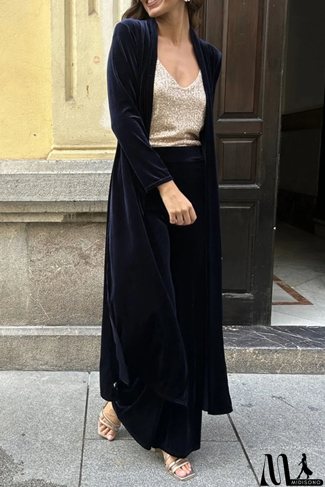 MidiSono - Velvet Slit Long Cardigan Two-piece Pants Suits