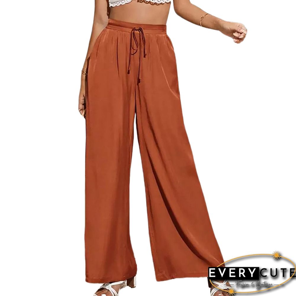 Orange Tie Waist Wide Leg Casual Pants