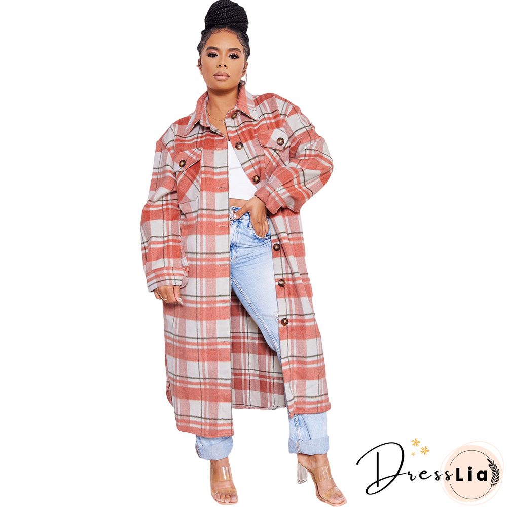 Classic Check Single-breasted Long Woolen Coat