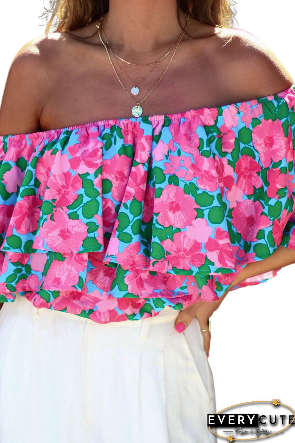 Rose Floral Off-Shoulder Tiered Ruffle Blouse