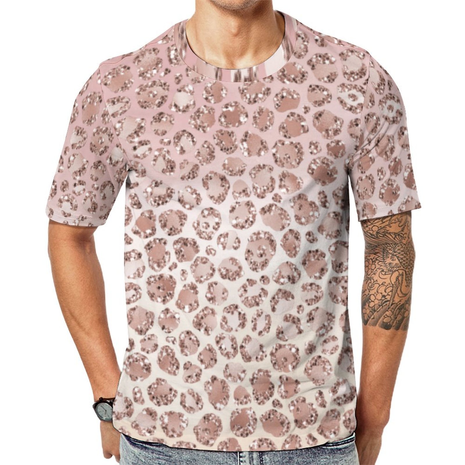 Girly Blush Peach Leopard Print Glitter Short Sleeve Print Unisex Tshirt Summer Casual Tees for Men and Women Coolcoshirts