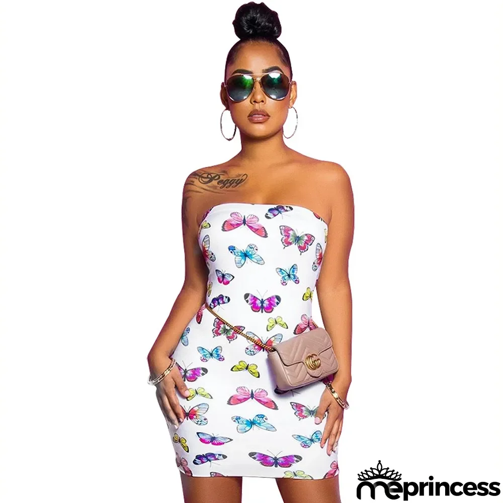 Butterfly Print Tube Top Slim Fit Dress