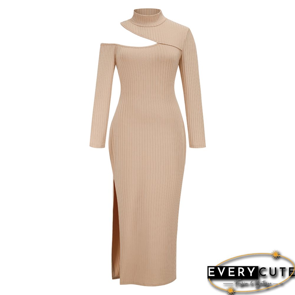 Khaki Ribbed Cut Out Side Split High Neck Maxi Dress