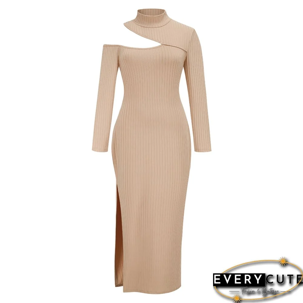 Khaki Ribbed Cut Out Side Split High Neck Maxi Dress