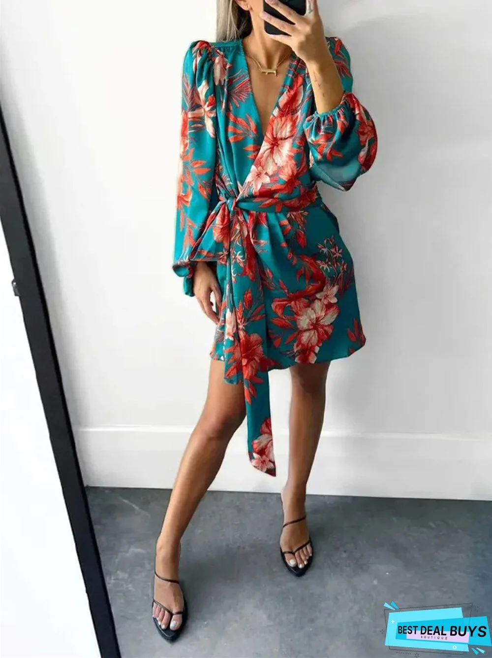 Fashion Printed Long-Sleeved V-Neck Casual Irregular Dress