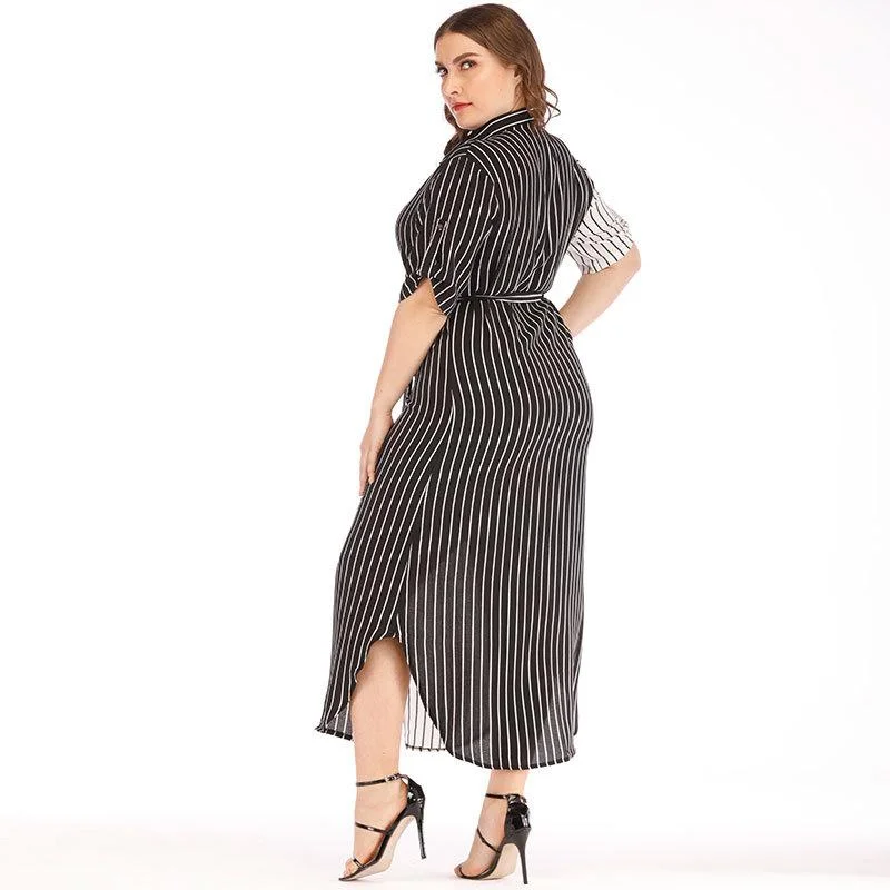 Short-sleeved lapel black and white striped button irregular dress