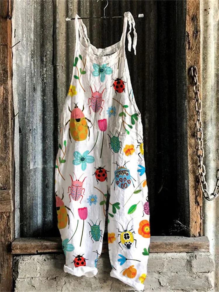 Colorful Bugs Floral Pattern Linen Blend Jumpsuit