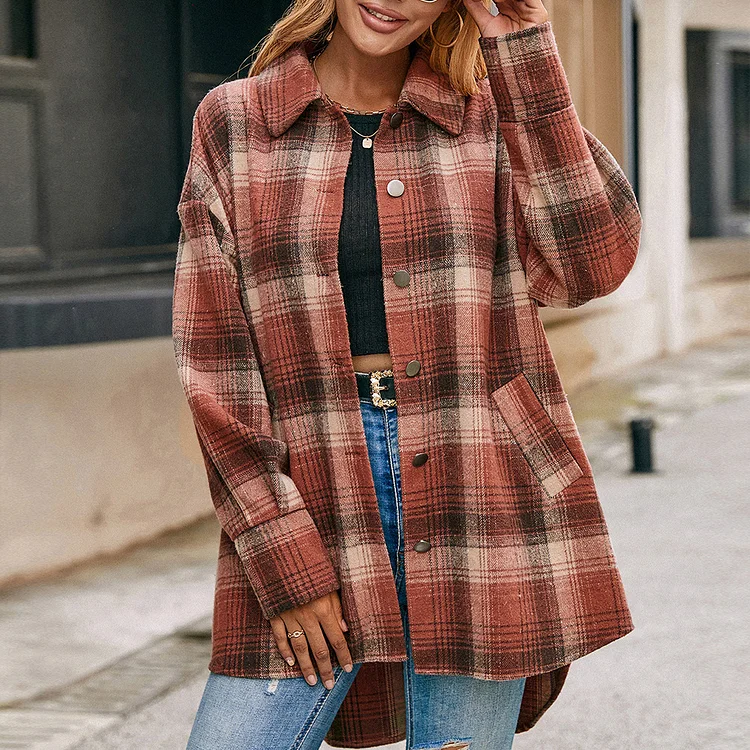 Women's Plaid Shirt Jacket Soft Warm Lapel Long Sleeve Shirt Jacket Outdoor Wear