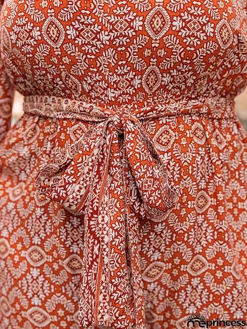 Plus Size Printed V-Neck Tie Front Balloon Sleeve Jumpsuit
