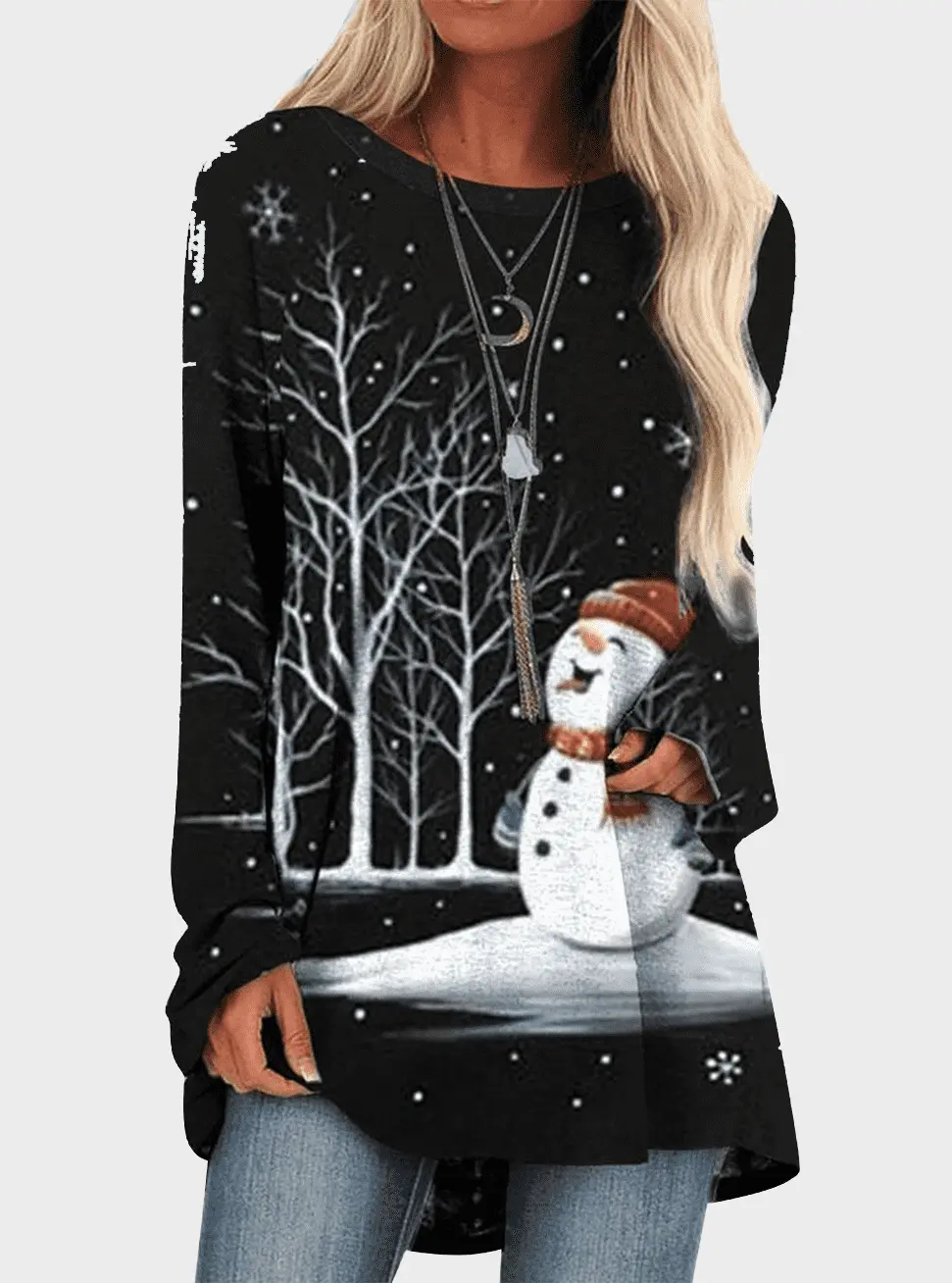  thdmladies Christmas Snowman Print Long Sleeve T-shirt thedmladies