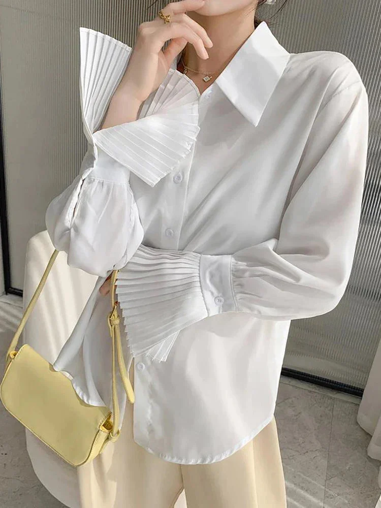 Huiketi Designed Women Flare Sleeve Women Shirts Office Ladies White Korean Fashion Fall Tops Elegant Button Up Female Shirt