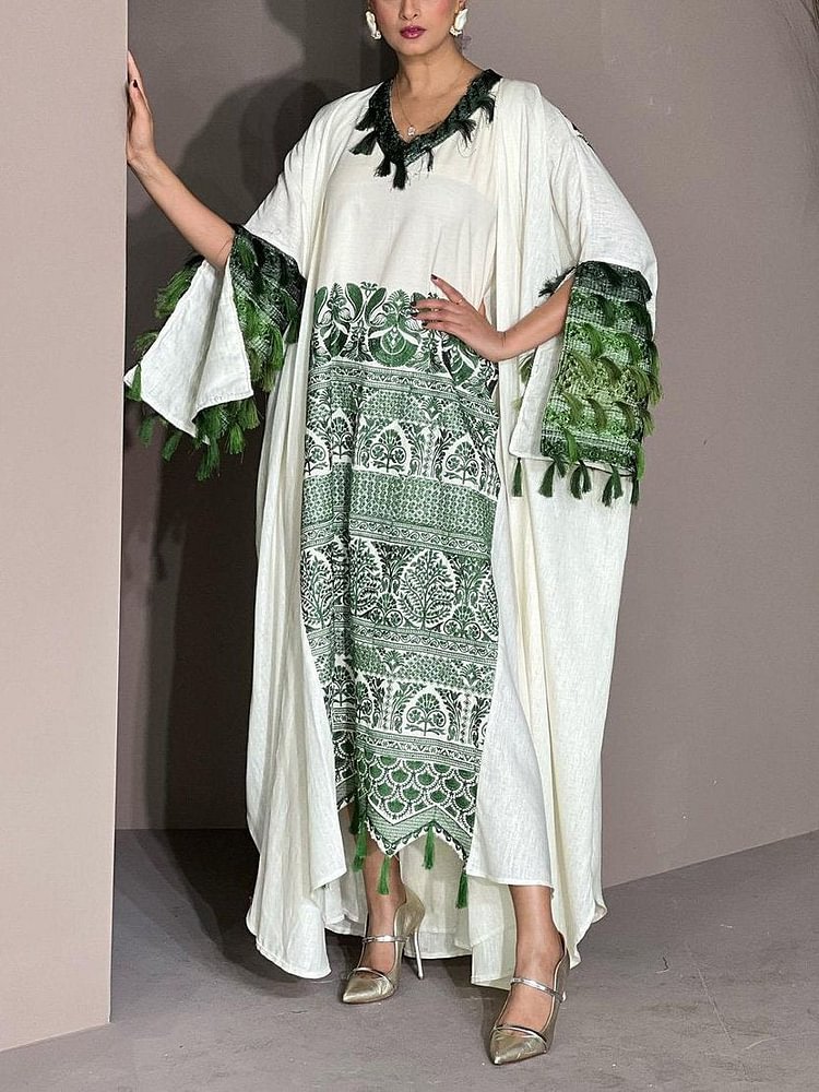 Ethnic Embroidery with Tassels Round Neck Long Sleeve Kaftan