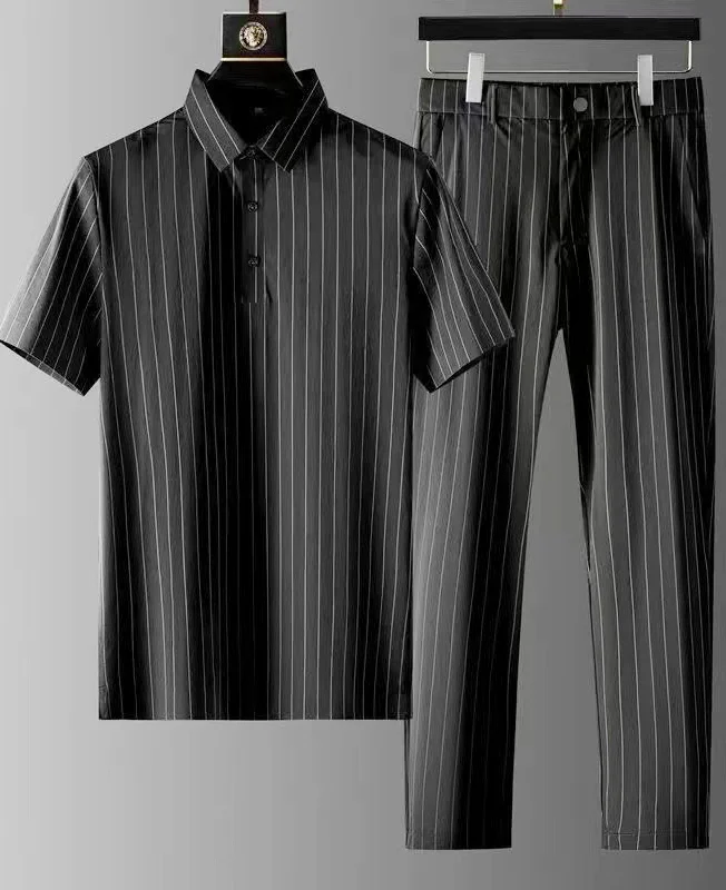 Casual Ice Silk Striped Polo Shirt & Pant 2Pcs Set 