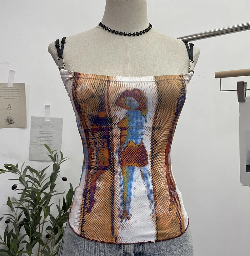 Uveng Sexy Hottie Shoulder Strap Small Print Slimming Sling Vest Short Sleeveless Top 8830