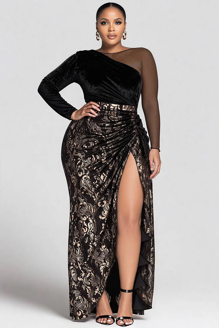 Xpluswear Design Plus Size Formal Black All Over Print Round Neck Long Sleeve Contrast Elegant Split Velvet Maxi Dresses [Pre-Order]