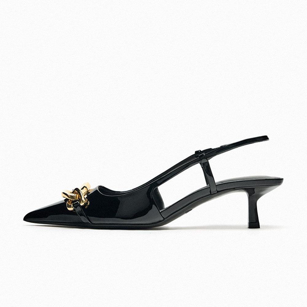 Black Patent Leather Pointed Toe Kitten Heel Slingback Pumps Nicepairs
