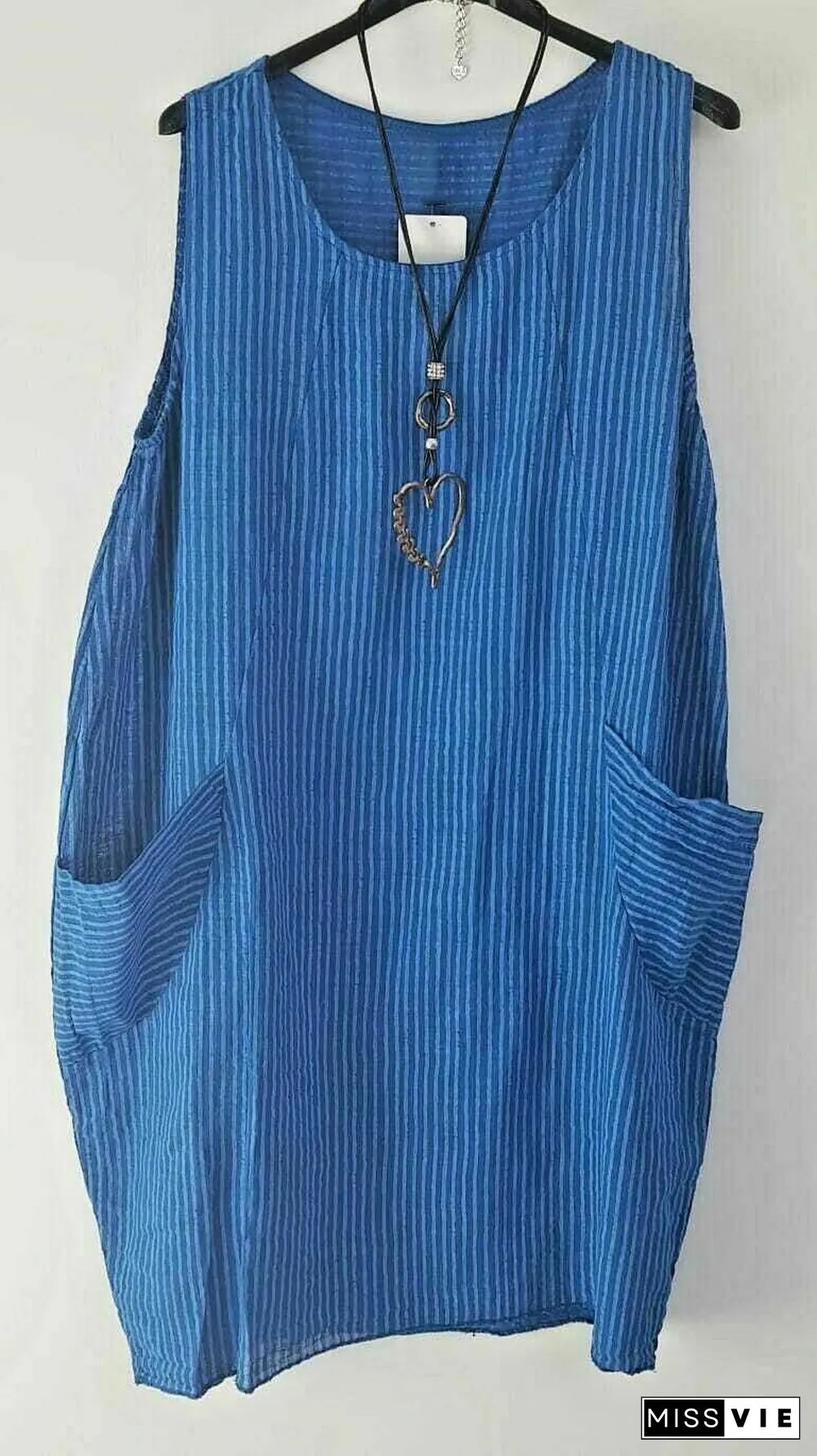 Ladies Stripe Design Summer Linen Cotton Long Pocket Top