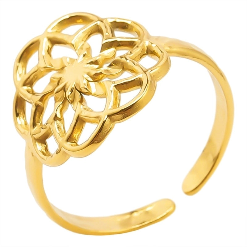 Classic Style Flower 304 Stainless Steel 18K Gold Plated Asymmetrical Polishing Rings