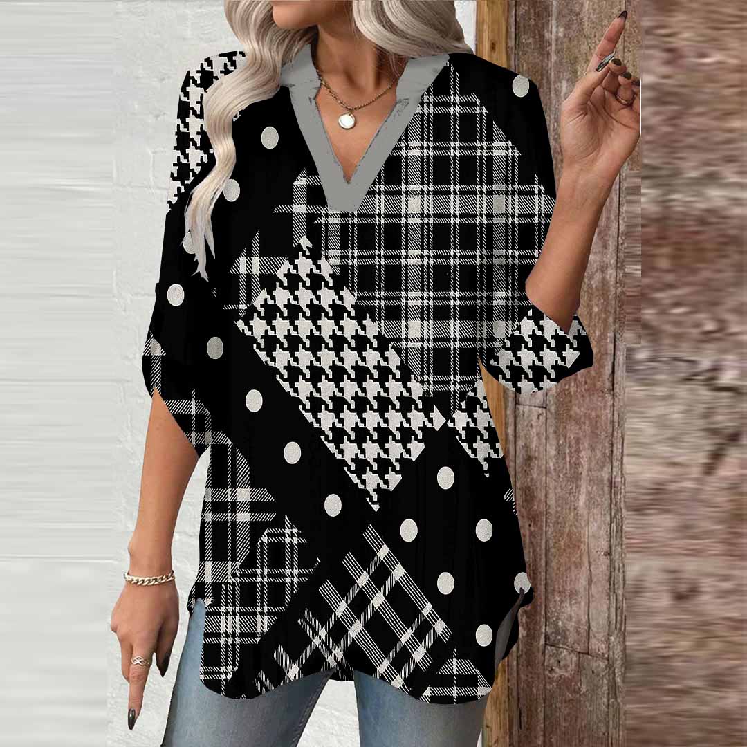 Women Checked,Polka-Dot,Black DZGA0317 3/4 Sleeve V-neck Printed Graphic Button Tops