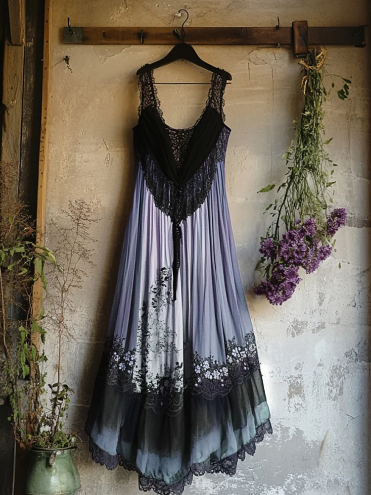 Boho Floral Embroidered Pattern Lace Patchwork Art Linen Dress