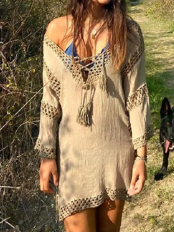 Plus Size Solid Color Long Sleeve Vintage Casual Vacation Dress Long Sleeve Dress