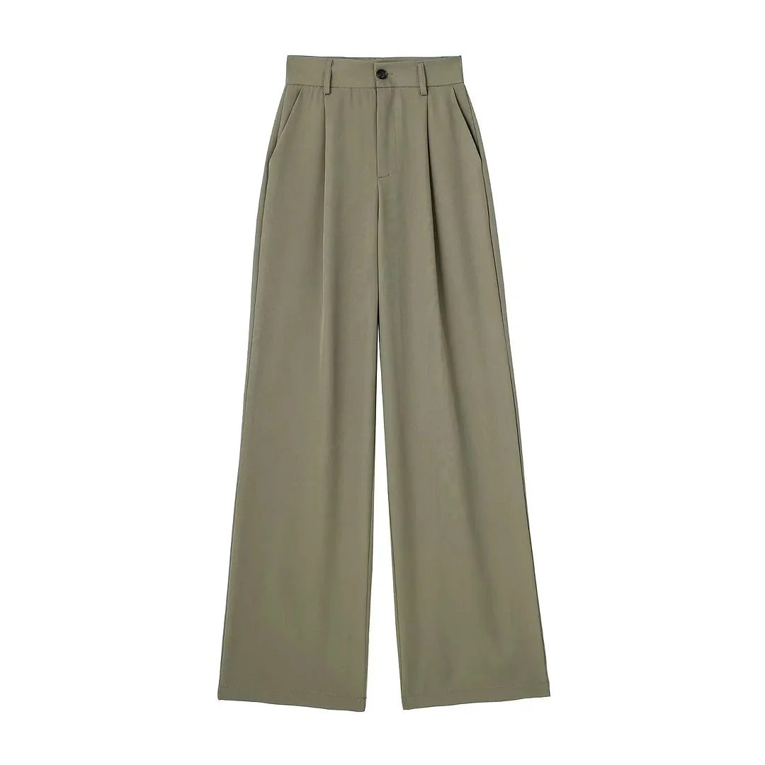 Tlbang New Women Fashion Front Pleat Casual Straight Pants Office Ladies High Waist Pockets Full Length Trousers Mujer
