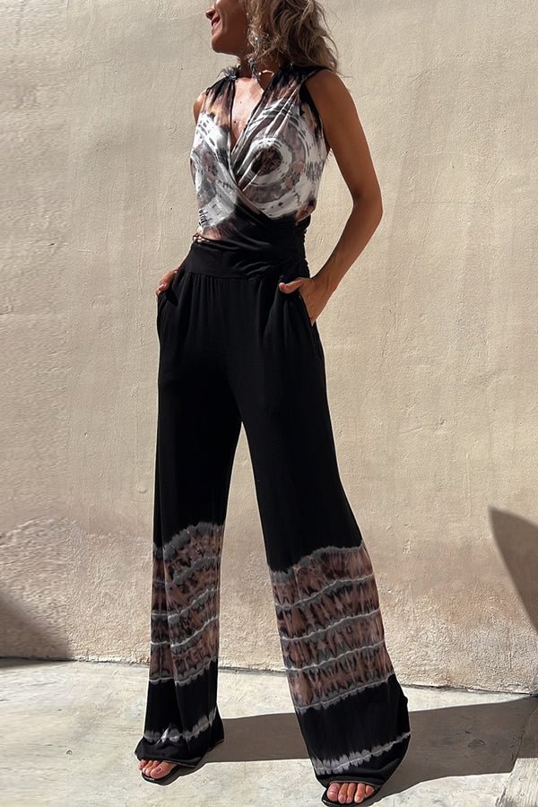 Kaycie Tie-dye Print Hooded Pocketed Stretch Flare Jumpsuit