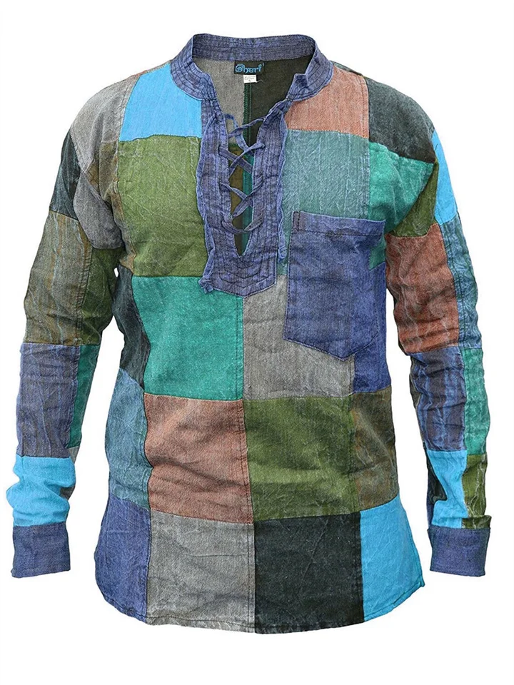 Men's Casual Pullover Stand-up Collar Slim Long-sleeved Shirt Fashion Printing Colorful Patchwork Shirt Man-Mixcun