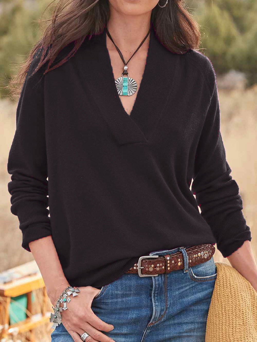 Women Long Sleeve V-neck Top