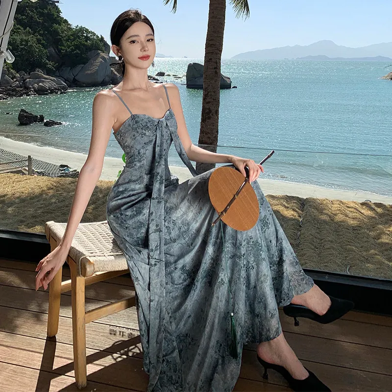 Churchf Churchf New Chinese Style Cold Sense Tie-Dye Ink Blue Halter Dress Temperament Shows White Chinese Style And Literary Wind