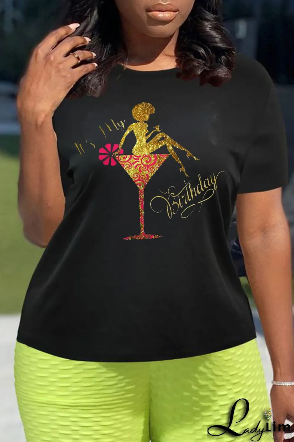 Black Casual Street Print Patchwork Letter O Neck T-Shirts