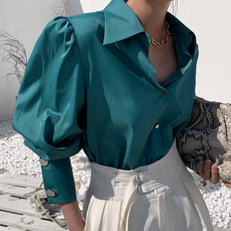 Women'Tunic Casual Solid Tops OL Style Lapel Neck Office Ladies Blouse 2022 VONDA Female Sexy Party Blusas Femininas Oversized