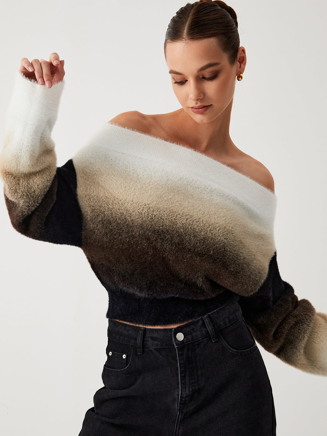 Rotimia Dawn Ombre Fuzzy Off Shoulder Crop Sweater