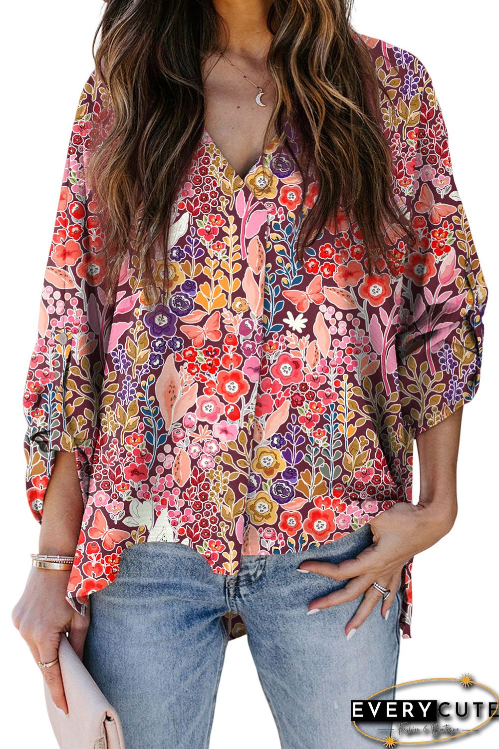Multicolor Boho Floral Long Sleeve V-Neck Blouse