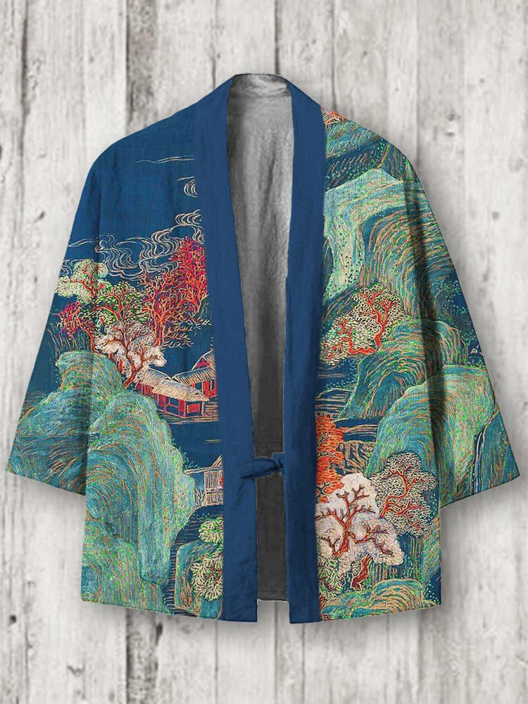 Comstylish Japanese Landscape Print Linen Blend Kimono Cardigan