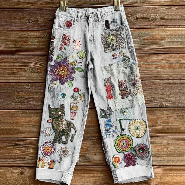 Women's Bohemian-style Floral Cat-print Jeans
