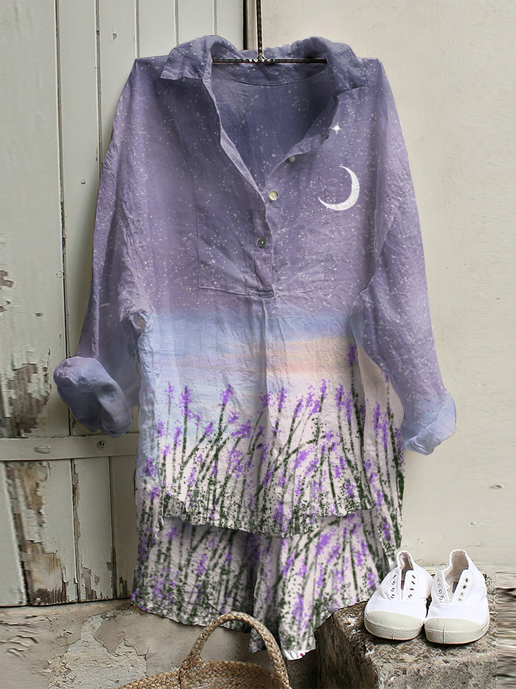 Comstylish Cozy Lavender Fields Under The Stars Cotton Blend Long Sleeve Casual Shirt