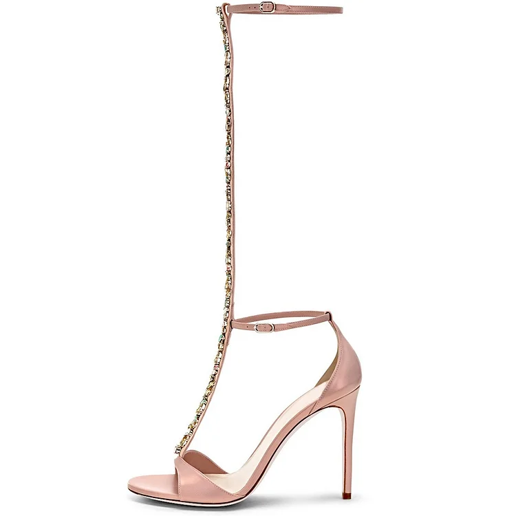 Pink Gladiator Heels Rhinestones Stiletto Heel Sandals |FSJ Shoes