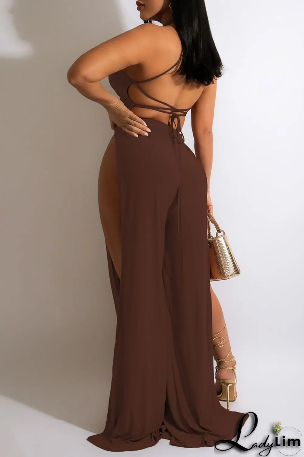 Water Blue Sexy Solid Patchwork Slit Halter Straight Jumpsuits