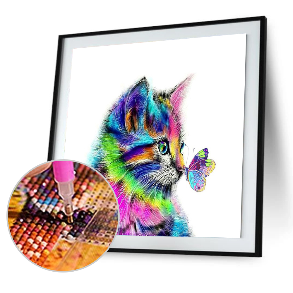 

30*30CM Round Drill Diamond Painting-Cat Butterfly, 501 Original