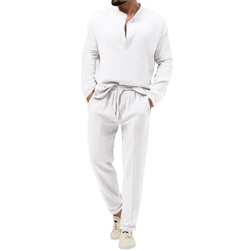 Men's 2Piece Set Solid Color Casual T-shirts, Long-sleeved Shirts and Trousers Suits