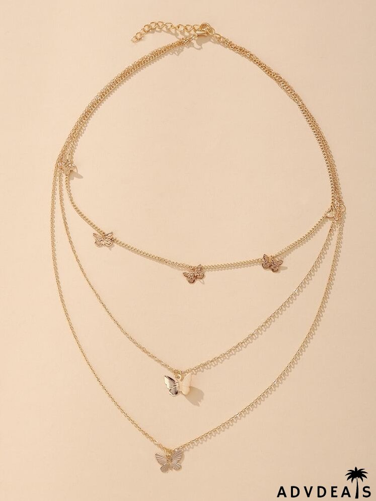 Layered Butterfly Charm Chain Necklace