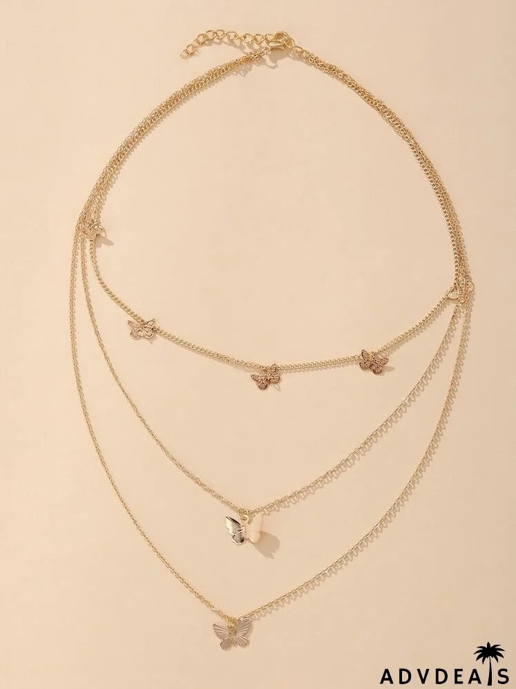 Layered Butterfly Charm Chain Necklace