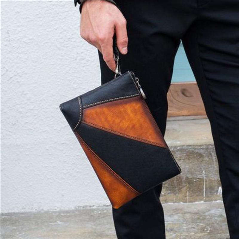 Mens Vintage Patchwork Leather Business Casual Clutch Bags