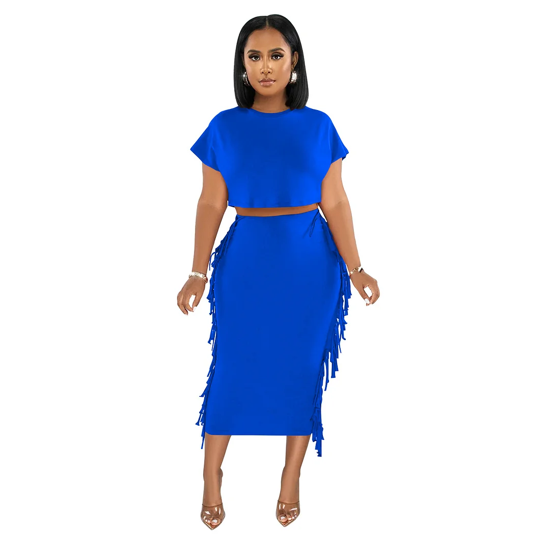Churchf Churchf Fashion Women's Solid Color Tassel Round Collar Short-Sleeved Dress Two-Piece Set