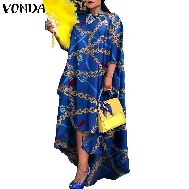 Women Dress 2022 VONDA Vintage Printed Asymmetric Party Long Maxi Dress Femme Robe Beach Sundress Casual Vestido Plus Size Robe