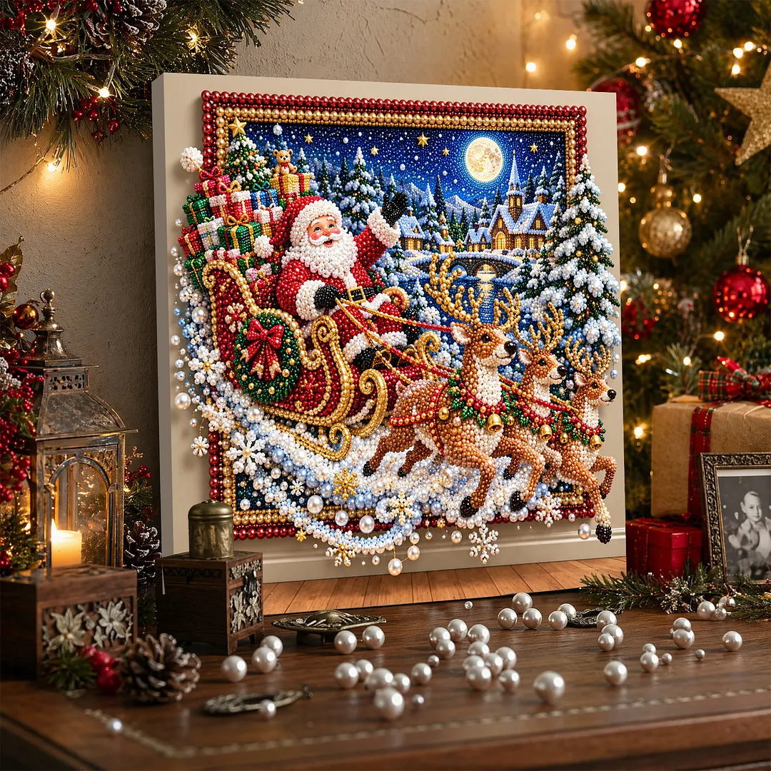 Framed Pearl Painting Kit Santa Claus Night 11.81x11.81in