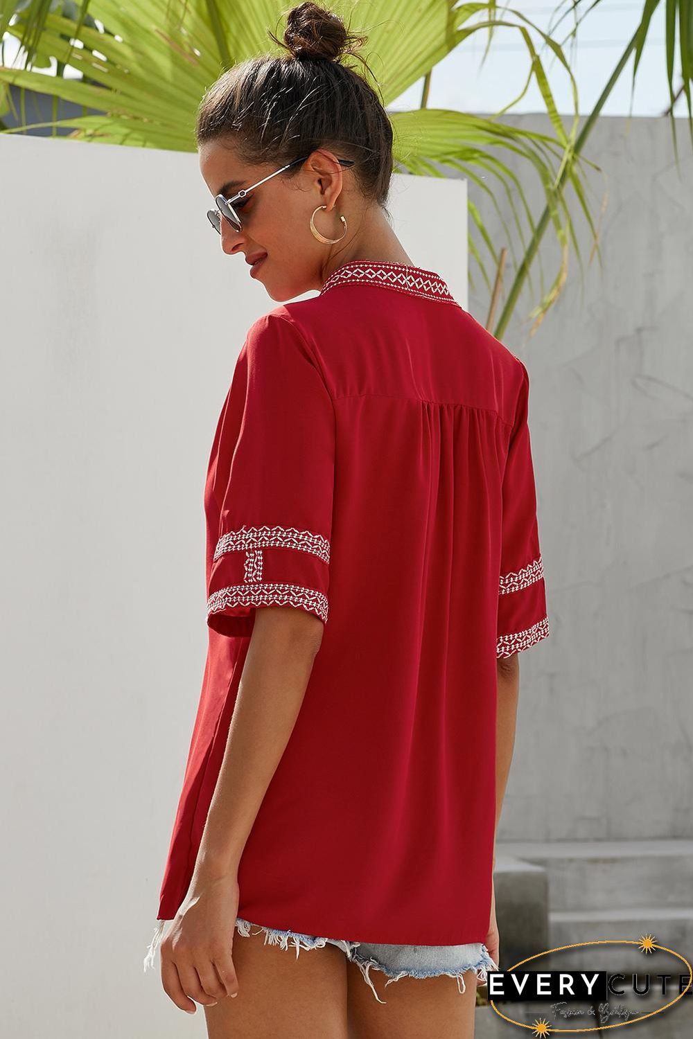 Red Elbow Length Sleeves Front Embroidery Blouse