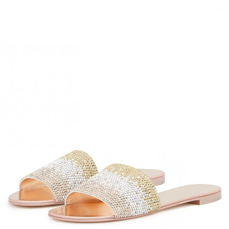 Silver & Gold Rhinestones Flat Sandals Women's Casual Slide Shoes |FSJ Shoes