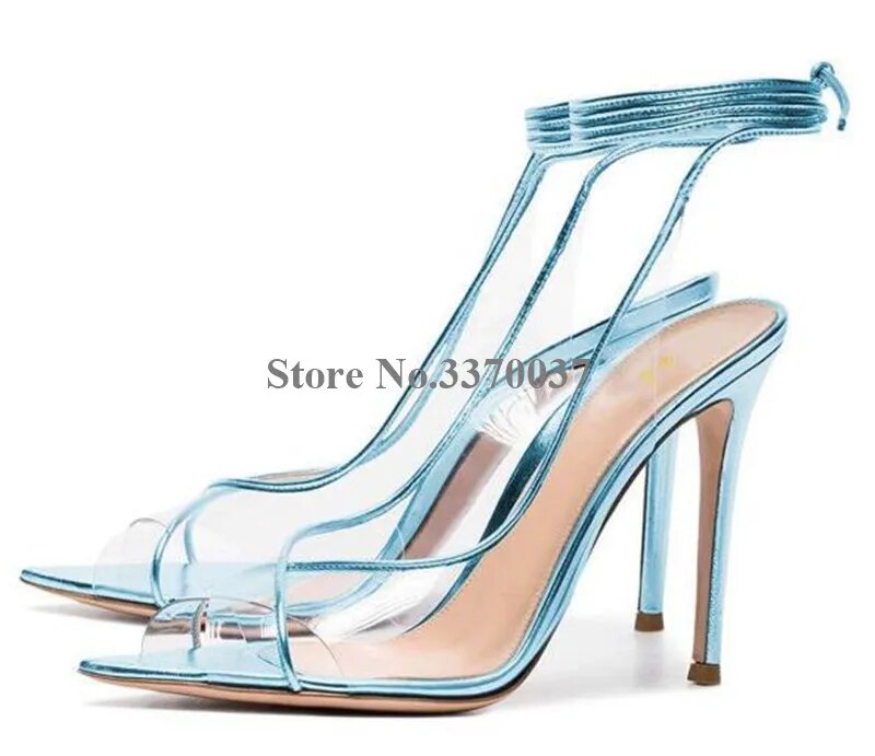 VCSHOES Women Peep Toe PVC Stiletto Heel Sandals Blue Pink Ankle Strap Transparent High Heel Sandals Dress Heels